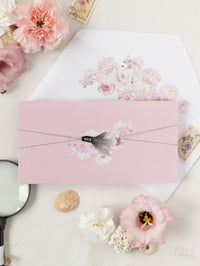 Carpeta de viaje Blush Peony, invitación para pasaporte y etiqueta de avión con espejo plateado