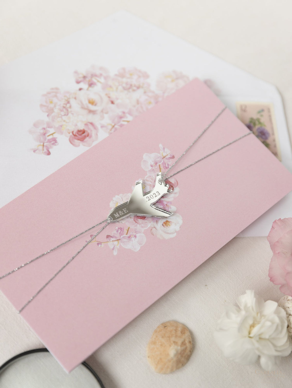 Blush Peony Travel Folder Wallet , Passport Invitation & Silver Mirror Plane Tag