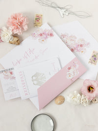 Carpeta de viaje Blush Peony, invitación para pasaporte y etiqueta de avión con espejo plateado