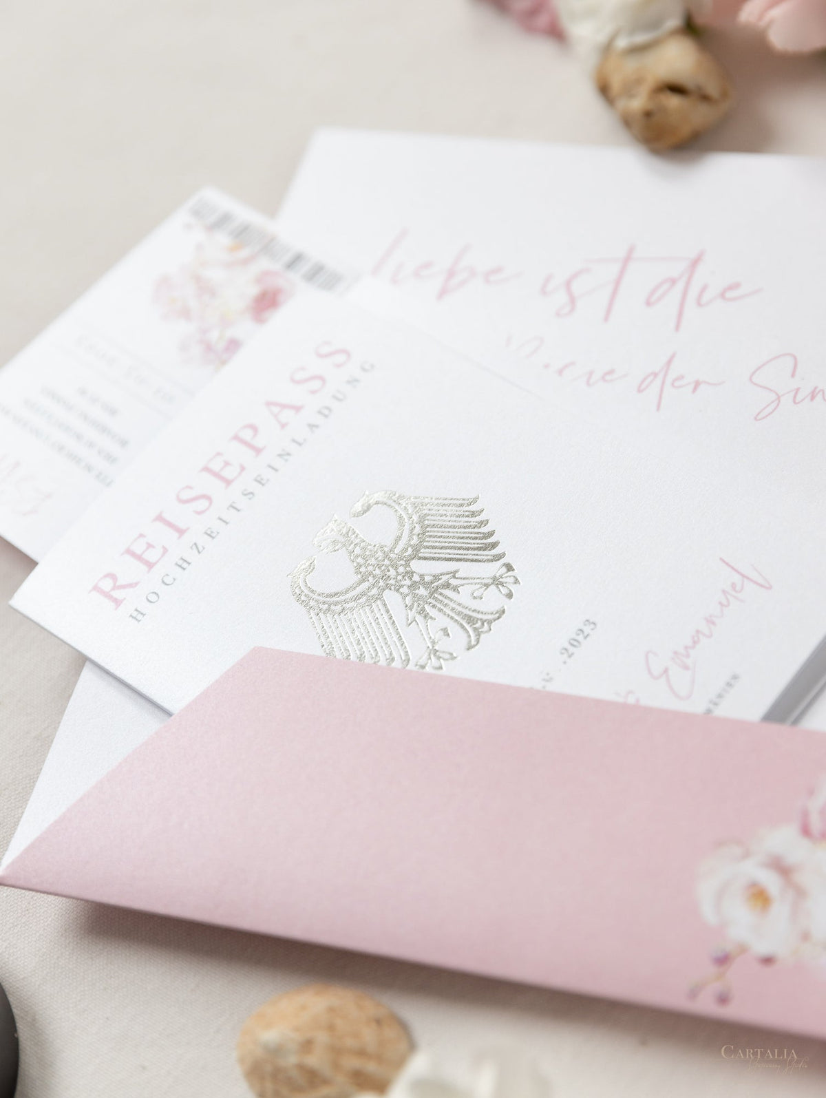 Carpeta de viaje Blush Peony, invitación para pasaporte y etiqueta de avión con espejo plateado