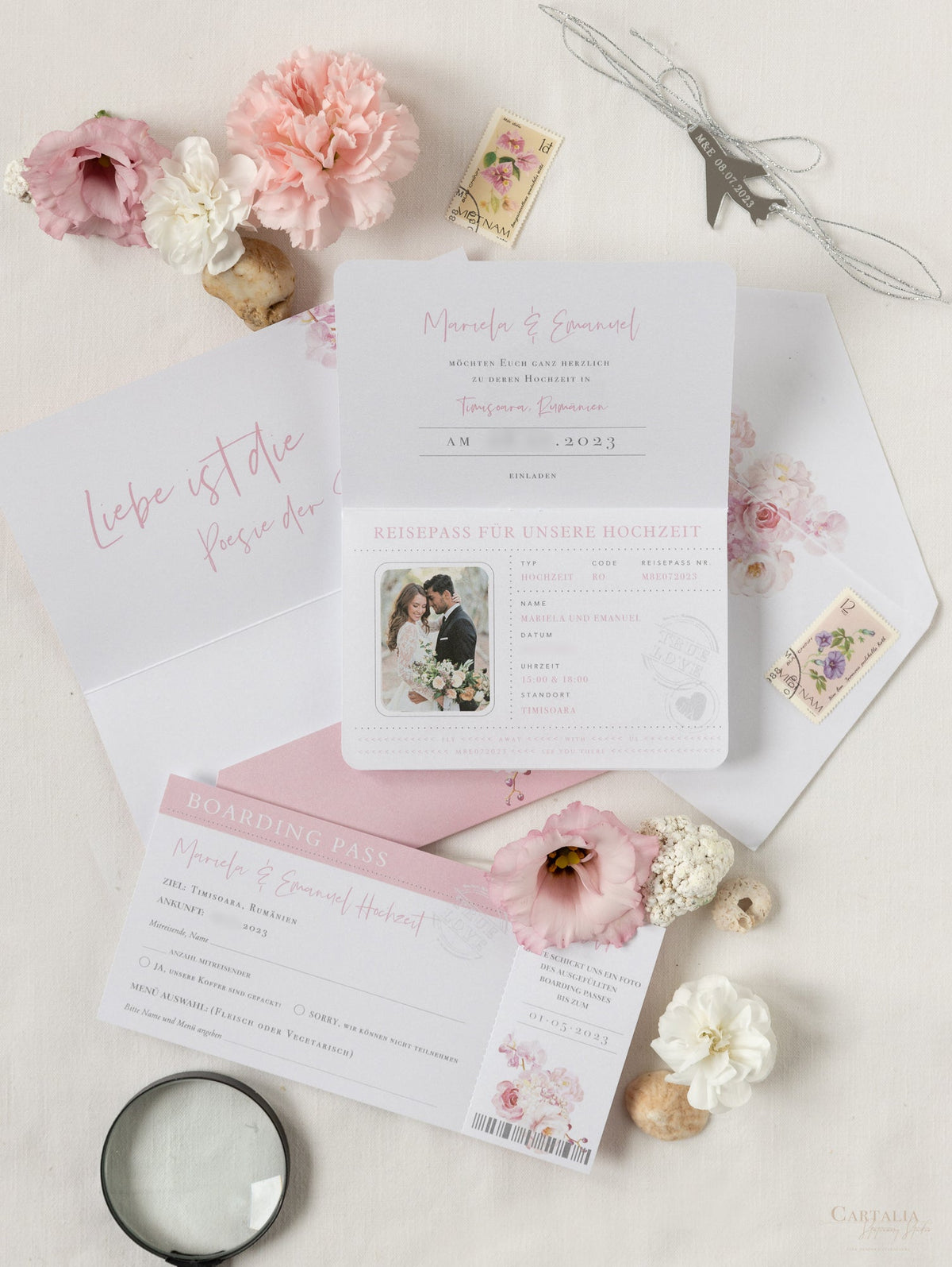 Blush Peony Travel Folder Wallet, Passport Invitation & Silver Mirror Plane Tag