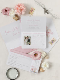 Blush Peony Travel Folder Wallet, Passport Invitation & Silver Mirror Plane Tag