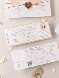 Portefeuille de voyage de dossier: Invitation de passeport de mariage en or rose de luxe avec code QR dans Pocket & Mirror Tag Passport Invitation Suite