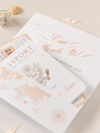 FOLDER Travel Wallet : Luxury Rose Gold Wedding Passport Invite with Qr Code  in Pocket & Mirror Tag Passport Invitation Suite