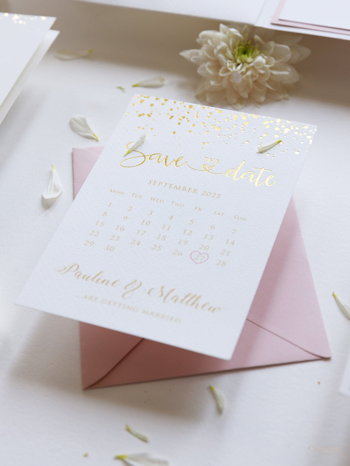 Luxury Royal Gold Foil Confetti Disted Blush Pink Sauf la date avec enveloppe