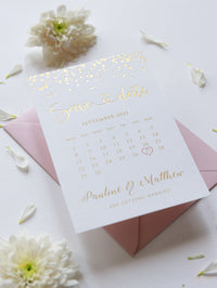 Luxury Royal Gold Foil Confetti Disted Blush Pink Sauf la date avec enveloppe