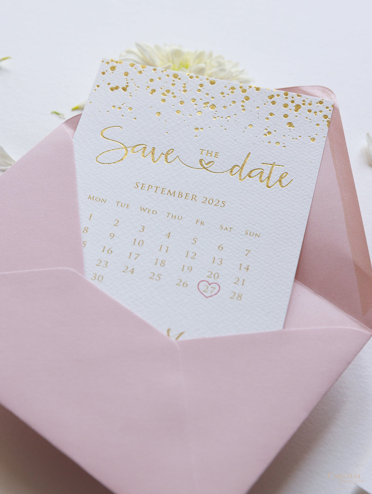 Luxury Royal Gold Foil Confetti Dotted Blush Pink Save the Date with Envelope