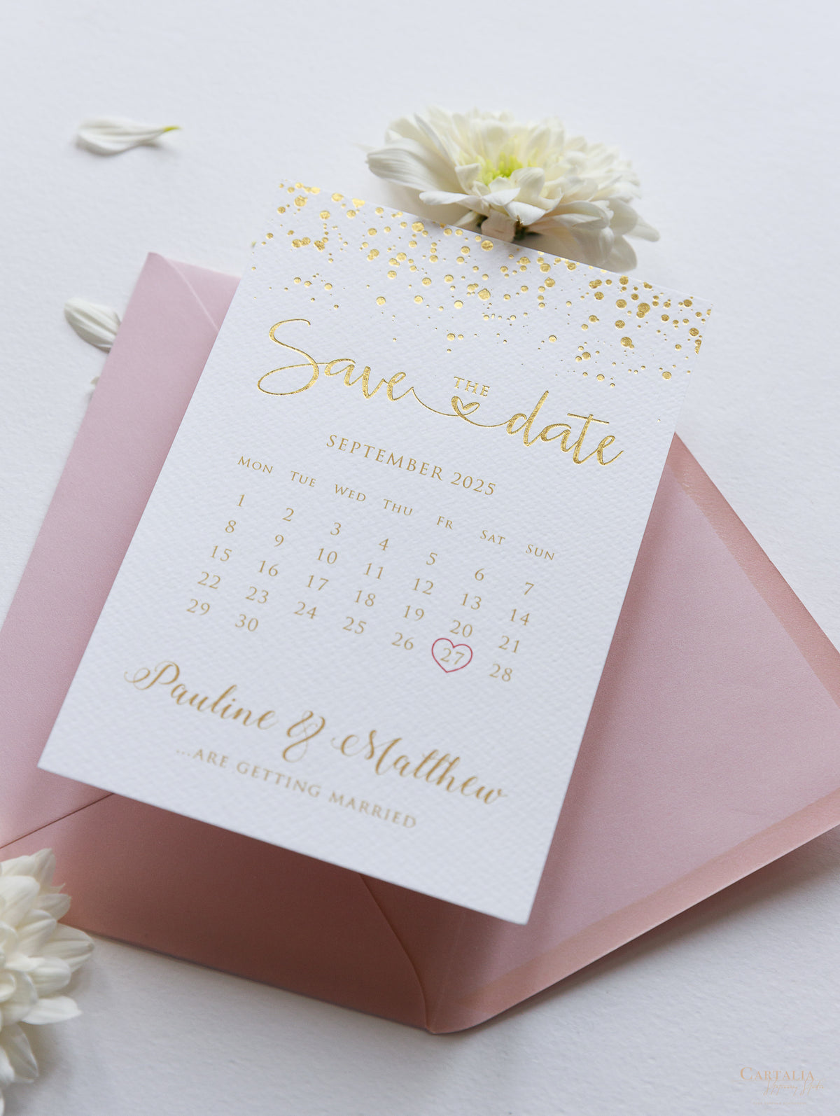 Luxury Royal Gold Foil Confetti Disted Blush Pink Sauf la date avec enveloppe