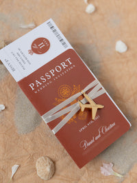 Burnt Orange Passport Wedding Invitation - Luxury Engraved Plane in Gold Plexi Passport & Copper Foil Destination Wedding