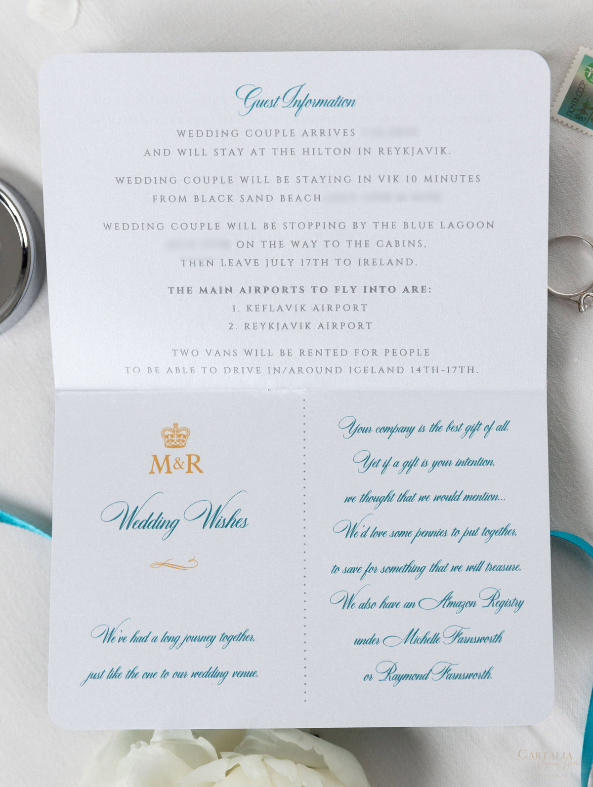 Teal Blue & Gold Passport Wedding Invitation - Luxury Engraved Plane in Gold Plexi Passport & Copper Foil Destination Wedding