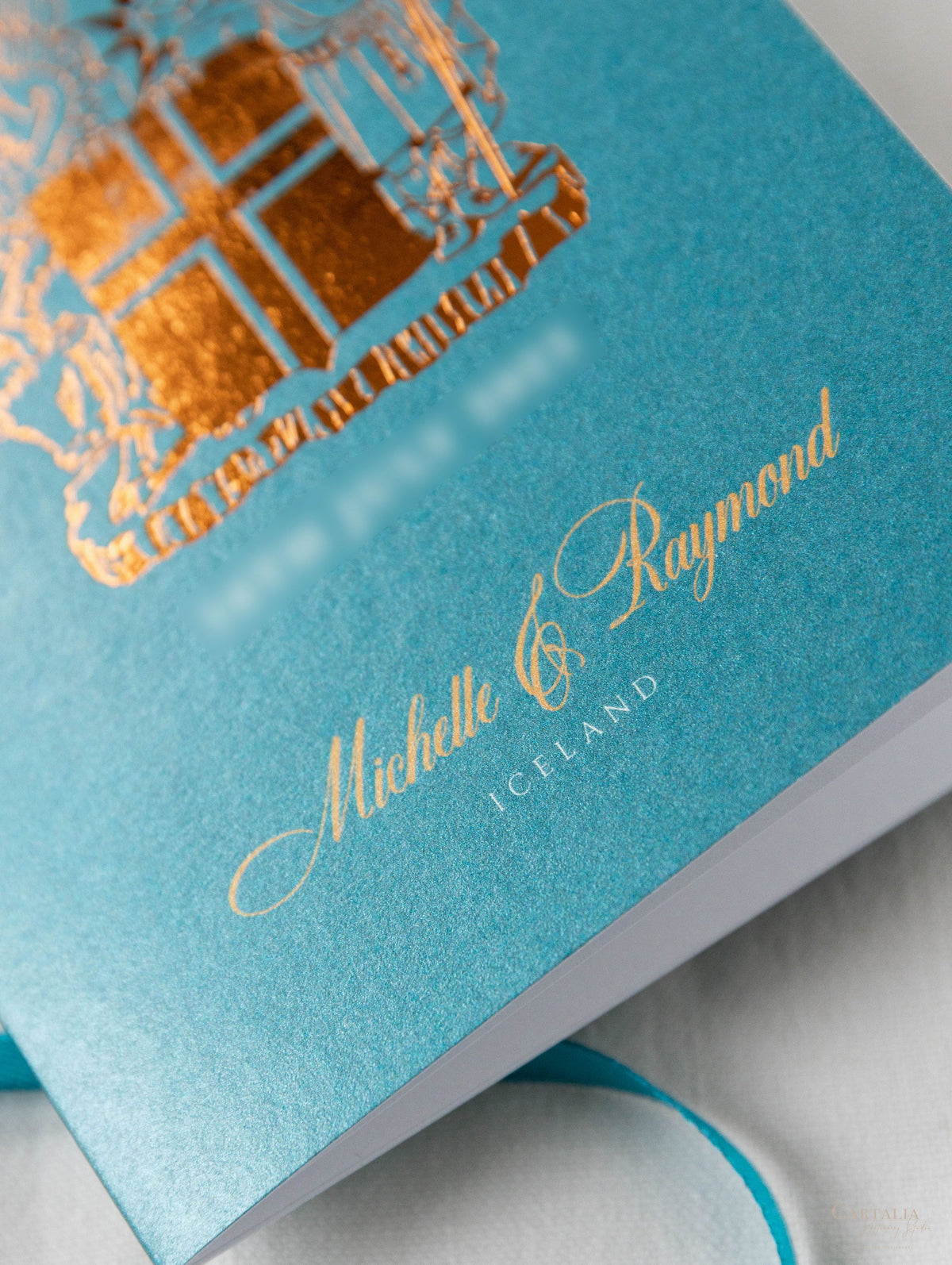 Teal Blue & Gold Passport Wedding Invitation - Luxury Engraved Plane in Gold Plexi Passport & Copper Foil Destination Wedding