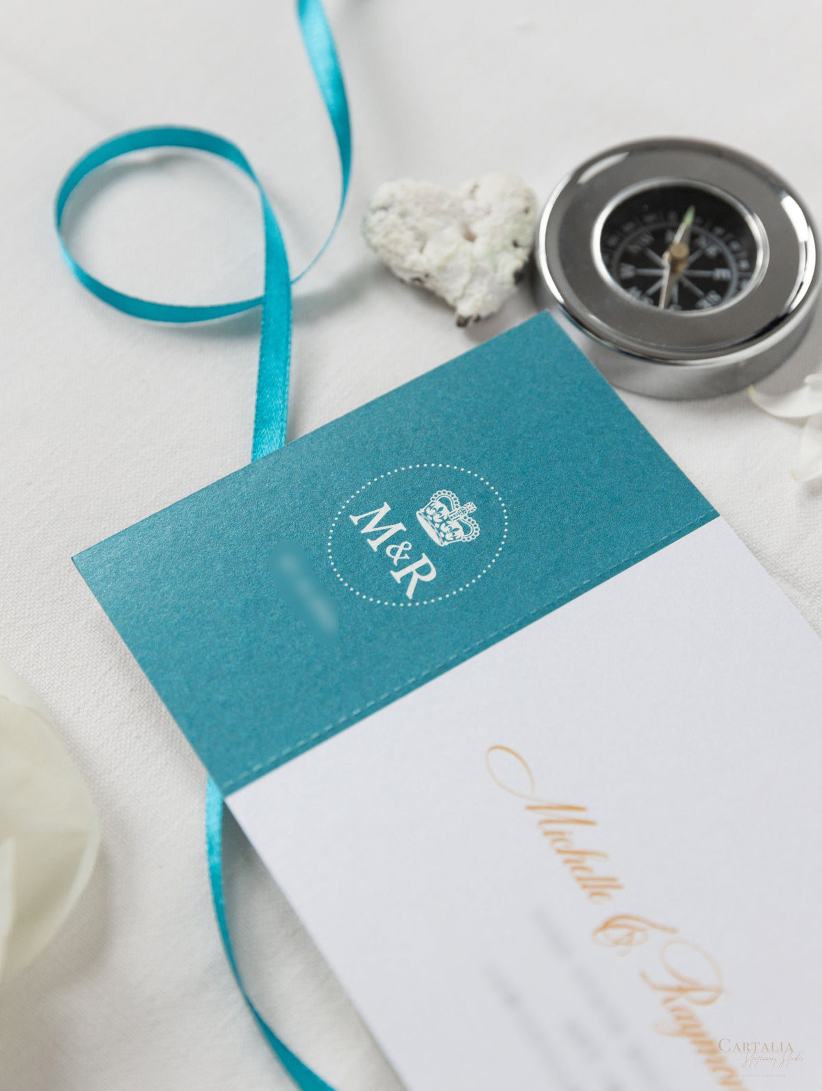 Teal Blue & Gold Passport Wedding Invitation - Luxury Engraved Plane in Gold Plexi Passport & Copper Foil Destination Wedding