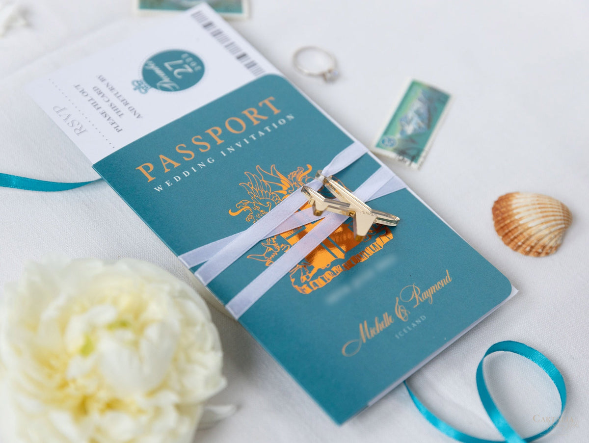 Teal Blue & Gold Passport Wedding Invitation - Luxury Engraved Plane in Gold Plexi Passport & Copper Foil Destination Wedding