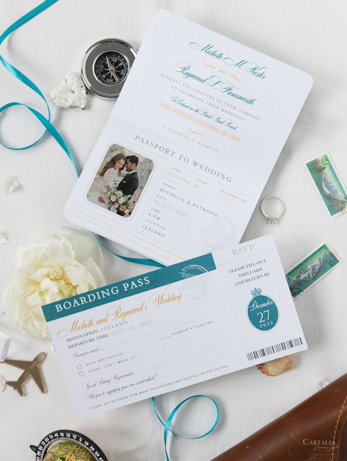 Teal Blue & Gold Passport Wedding Invitation - Luxury Engraved Plane in Gold Plexi Passport & Copper Foil Destination Wedding