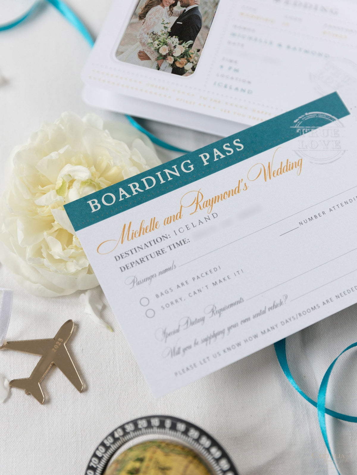 Teal Blue & Gold Passport Wedding Invitation - Luxury Engraved Plane in Gold Plexi Passport & Copper Foil Destination Wedding