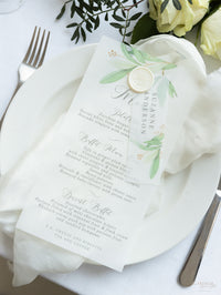 Stampa su pergamena pergamena verde con menu di foglie con sigillo in ceralacca