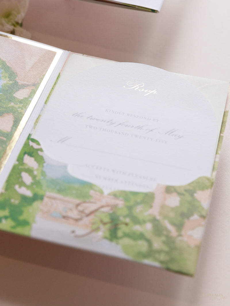 Villa del Balbianello Luxury Wedding Invitation Suite | Pocketstyle Folio with Watercolour Venue and Gold Foil |  Lake Como Wedding