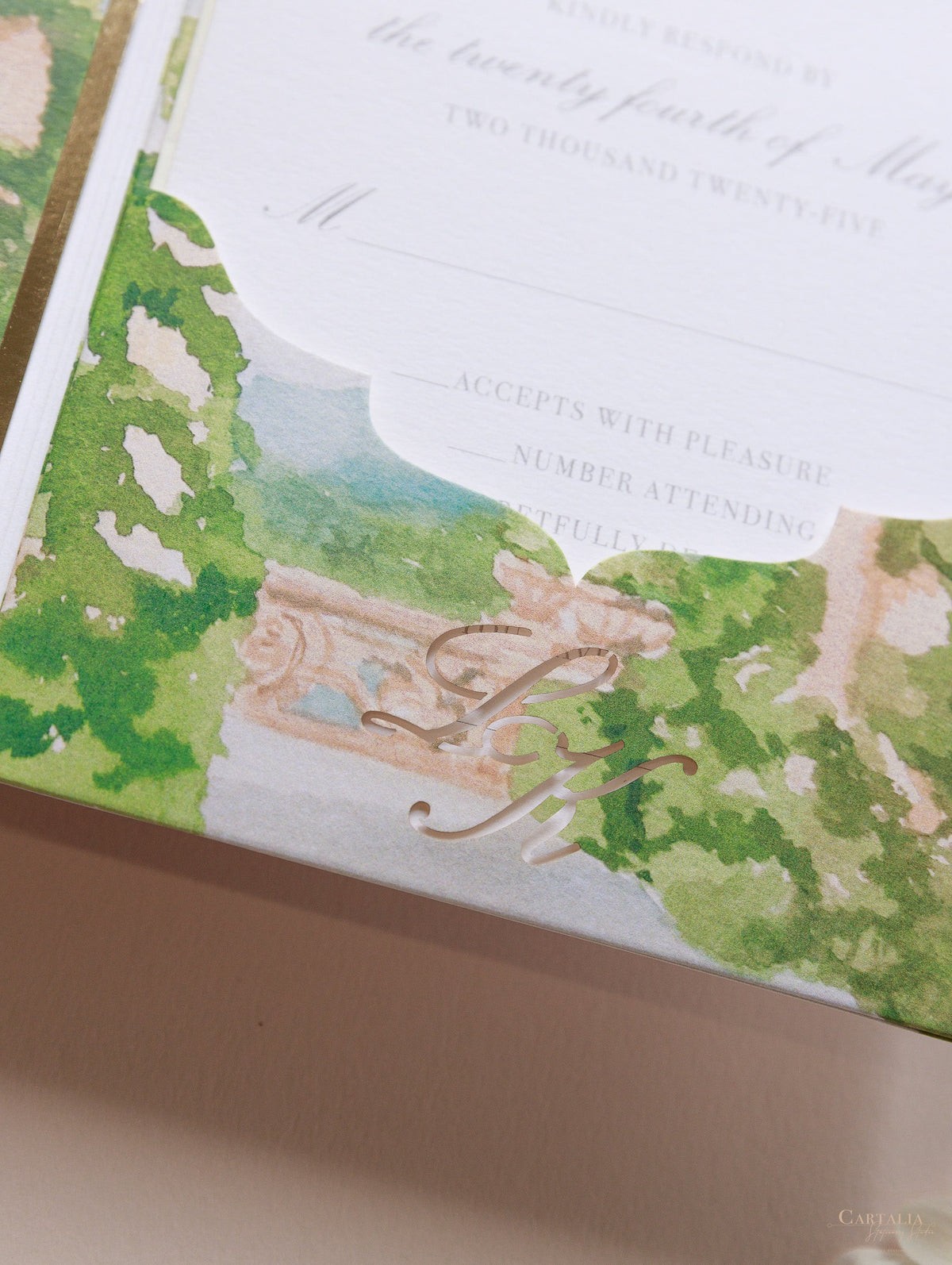 Villa del Balbianello Luxury Wedding Invitation Suite | Pocketstyle Folio with Watercolour Venue and Gold Foil |  Lake Como Wedding