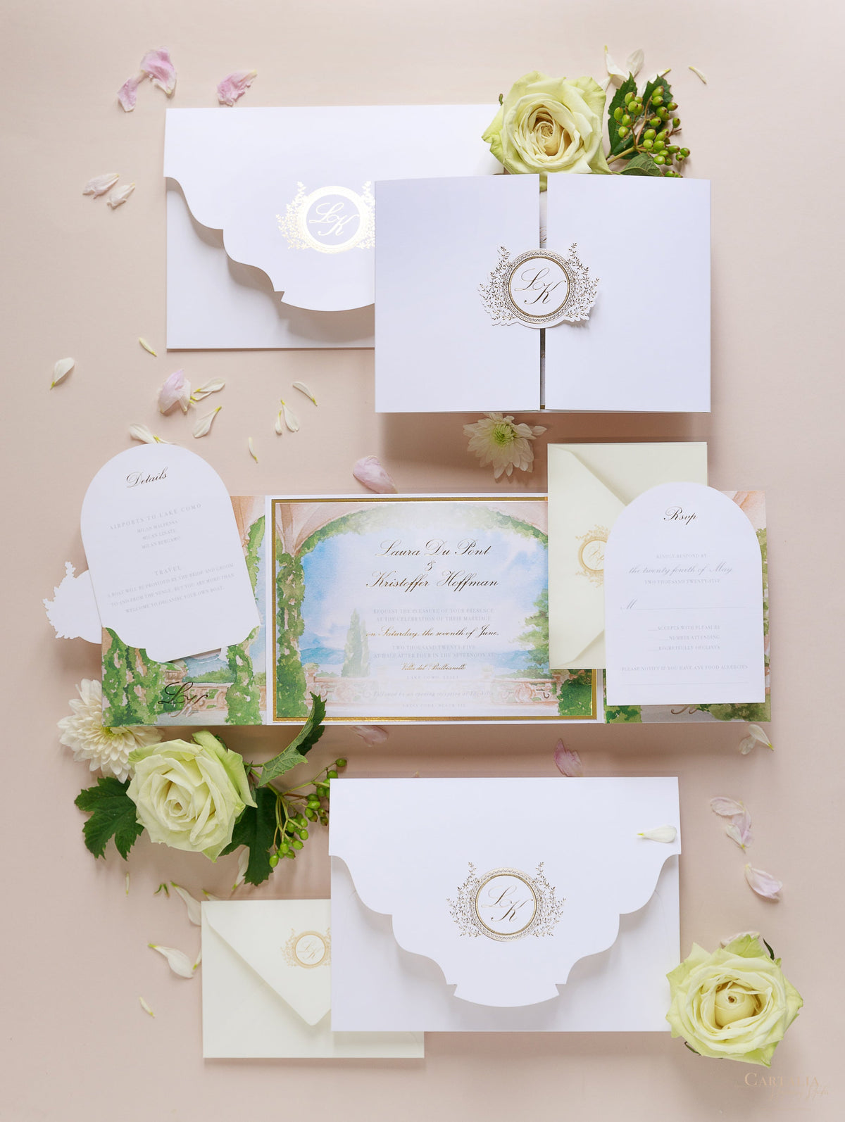 Suite de invitación de boda de lujo Villa del Balbianello | Folio estilo bolsillo con lugar de acuarela y lámina dorada | Boda en el lago de Como