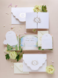 Villa del Balbianello Luxury Wedding Invitation Suite | PocketStyle Folio avec salle aquarelle et feuille d'or | Mariage du lac Como