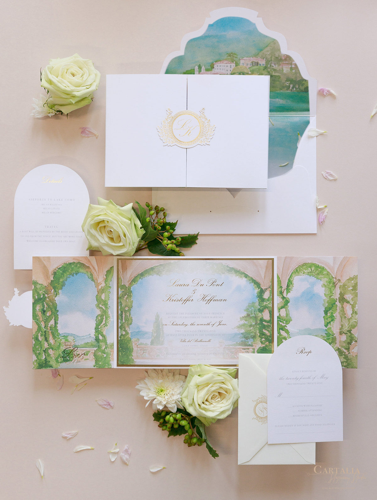 Suite de invitación de boda de lujo Villa del Balbianello | Folio estilo bolsillo con lugar de acuarela y lámina dorada | Boda en el lago de Como