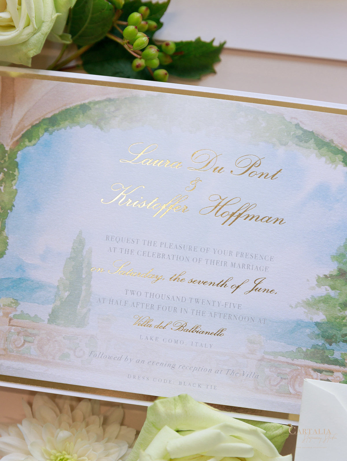 Suite de invitación de boda de lujo Villa del Balbianello | Folio estilo bolsillo con lugar de acuarela y lámina dorada | Boda en el lago de Como