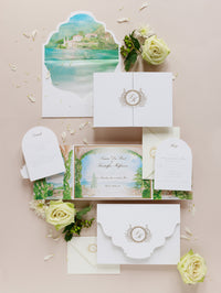 Villa del Balbianello Luxury Wedding Invitation Suite | Pocketstyle Folio with Watercolour Venue and Gold Foil |  Lake Como Wedding