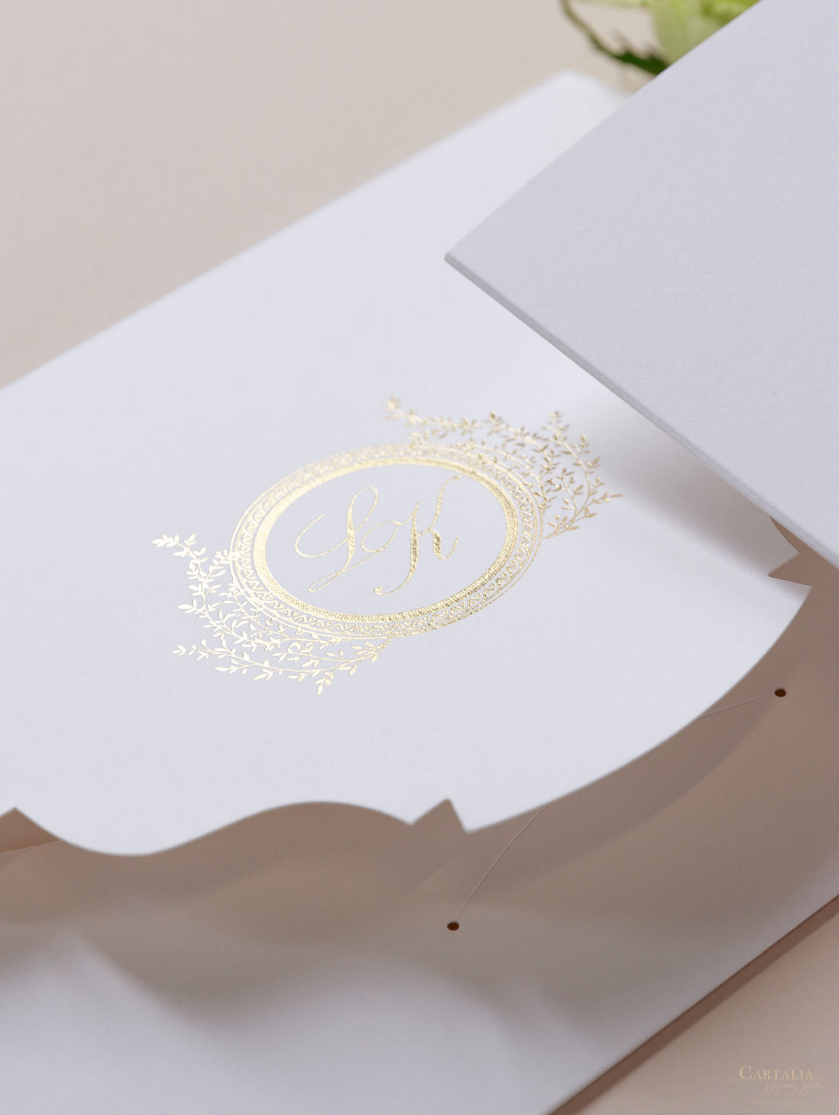 Villa del Balbianello Luxury Wedding Invitation Suite | Pocketstyle Folio with Watercolour Venue and Gold Foil |  Lake Como Wedding