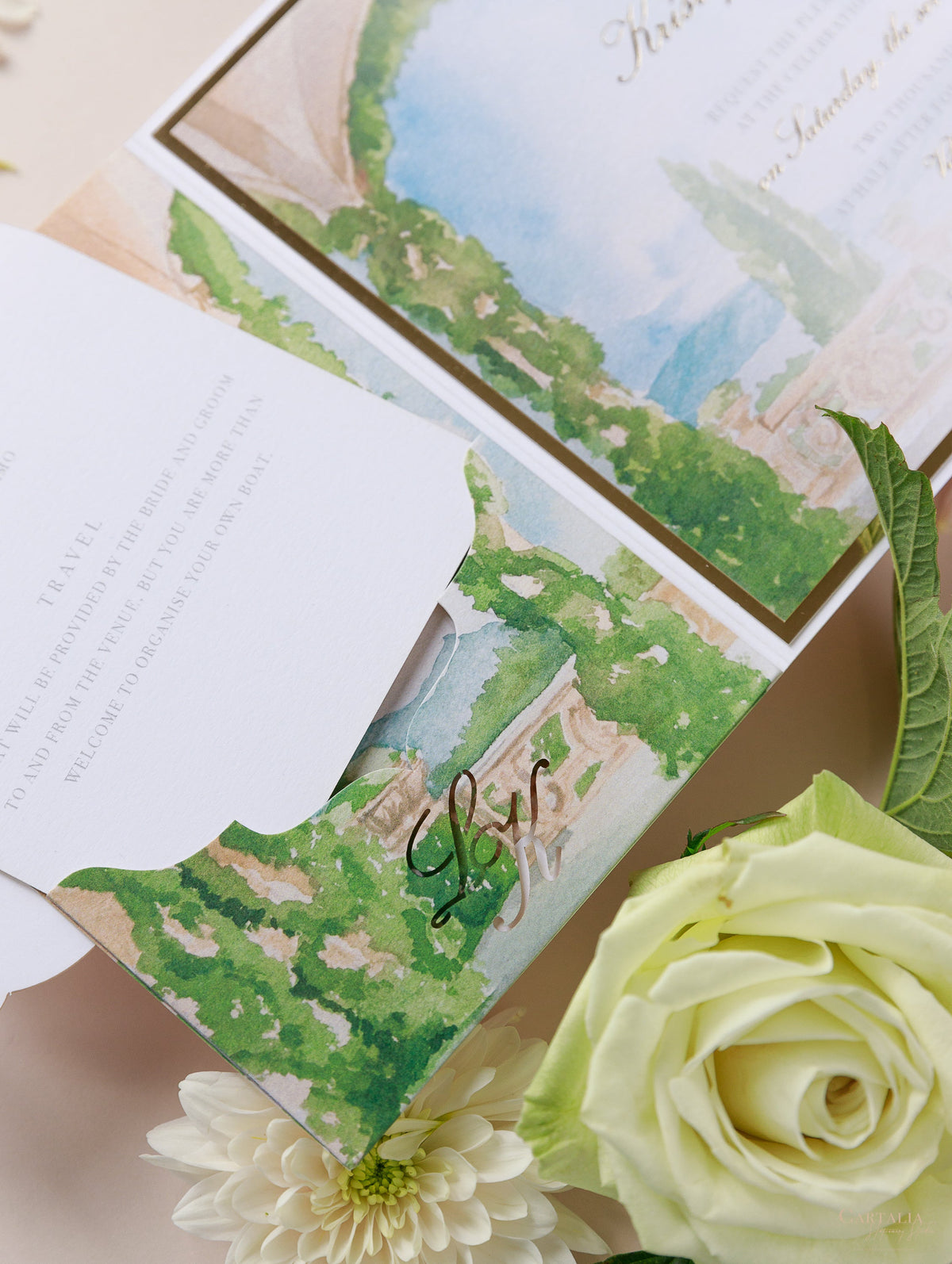 Villa del Balbianello Luxury Wedding Invitation Suite | PocketStyle Folio avec salle aquarelle et feuille d'or | Mariage du lac Como