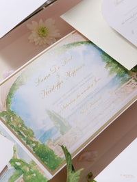 Villa del Balbianello Luxury Wedding Invitation Suite | PocketStyle Folio avec salle aquarelle et feuille d'or | Mariage du lac Como