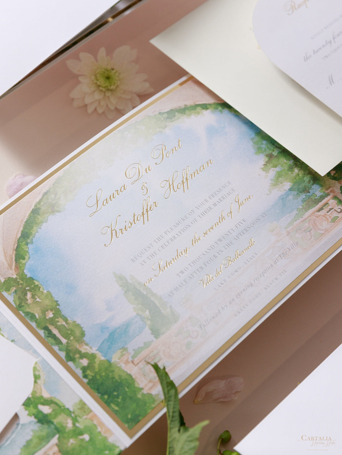 Villa del Balbianello Luxury Wedding Invitation Suite | Pocketstyle Folio with Watercolour Venue and Gold Foil |  Lake Como Wedding