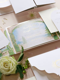 Villa del Balbianello Luxury Wedding Invitation Suite | Pocketstyle Folio with Watercolour Venue and Gold Foil |  Lake Como Wedding