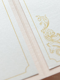 Luxury Blush and Cream Classic Pocket Suite avec feuille d'or et Sketch de lieu de mariage | Italie Villa Cimbrone, Ravello