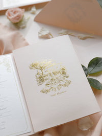 Luxury Blush and Cream Classic Pocket Suite avec feuille d'or et Sketch de lieu de mariage | Italie Villa Cimbrone, Ravello
