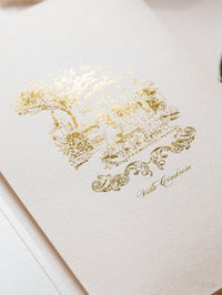 Suite tascabile classica di lusso con fard e crema con lamina d'oro e schizzo della location del matrimonio | Italia Villa Cimbrone, Ravello