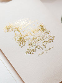 Luxury Blush and Cream Classic Pocket Suite avec feuille d'or et Sketch de lieu de mariage | Italie Villa Cimbrone, Ravello