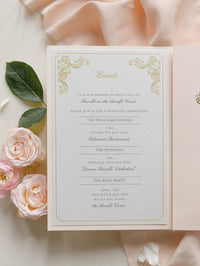 Luxury Blush and Cream Classic Pocket Suite avec feuille d'or et Sketch de lieu de mariage | Italie Villa Cimbrone, Ravello