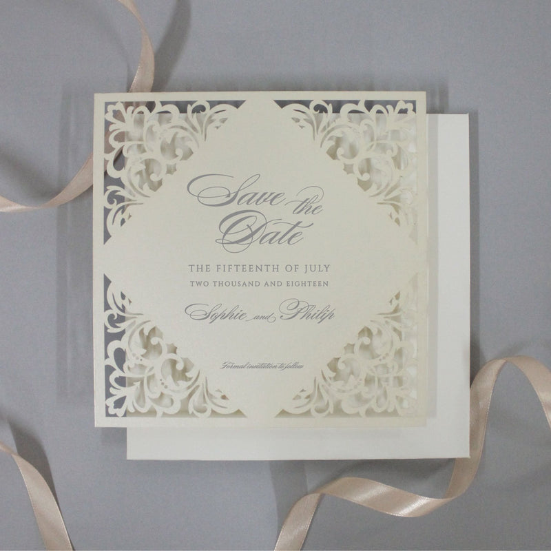 Square Laser Cut Lace Save the Date with Envelope