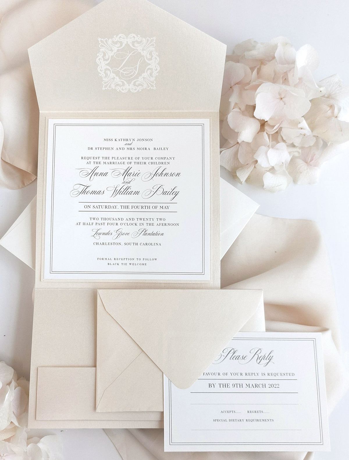 Luxury Timeless Champagne Pearlised Folder Pocket with RSVP Card