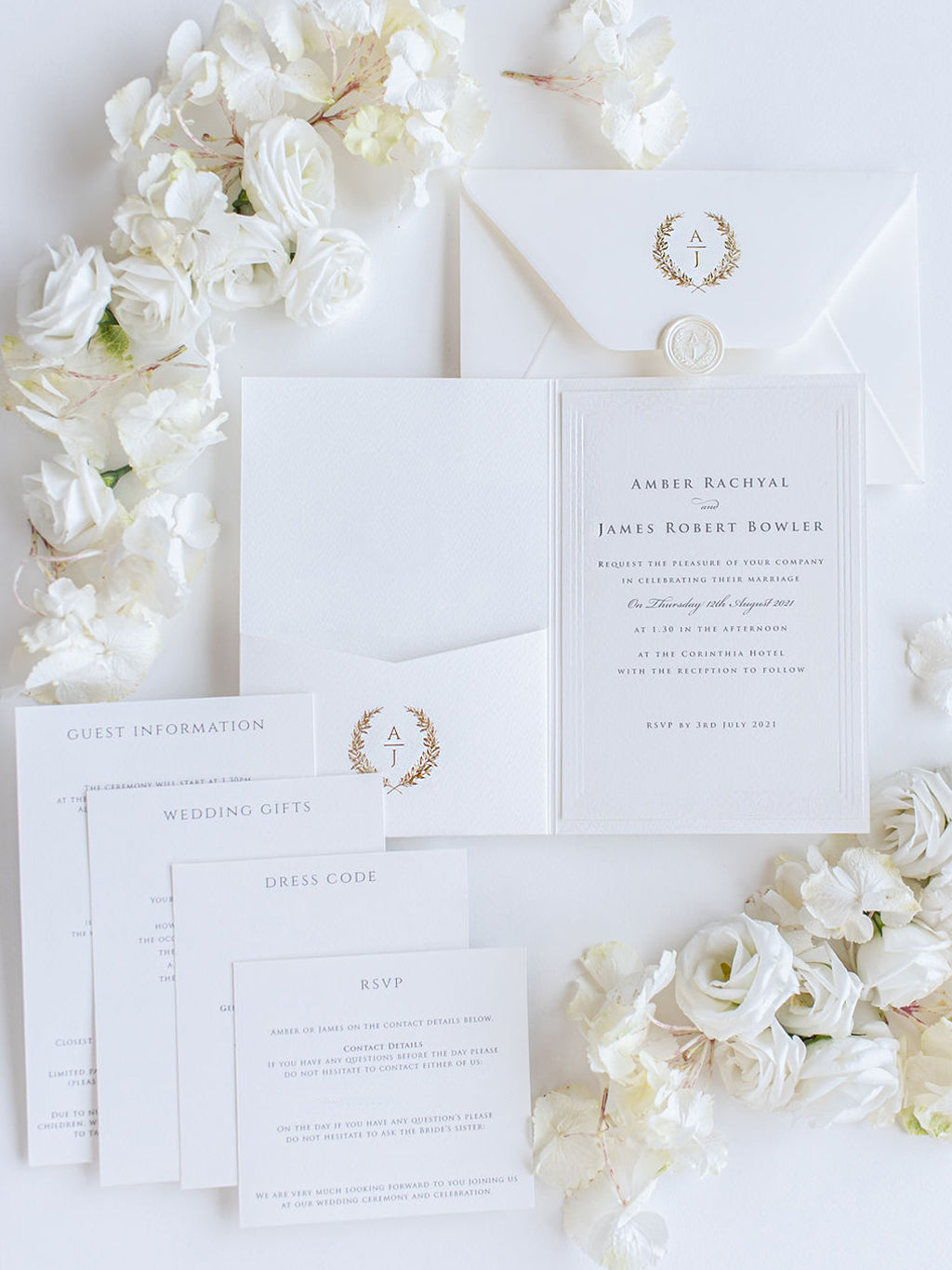 Triple Suite d'invitation de mariage en feuille d'or monogramme en relief avec sceau de cire