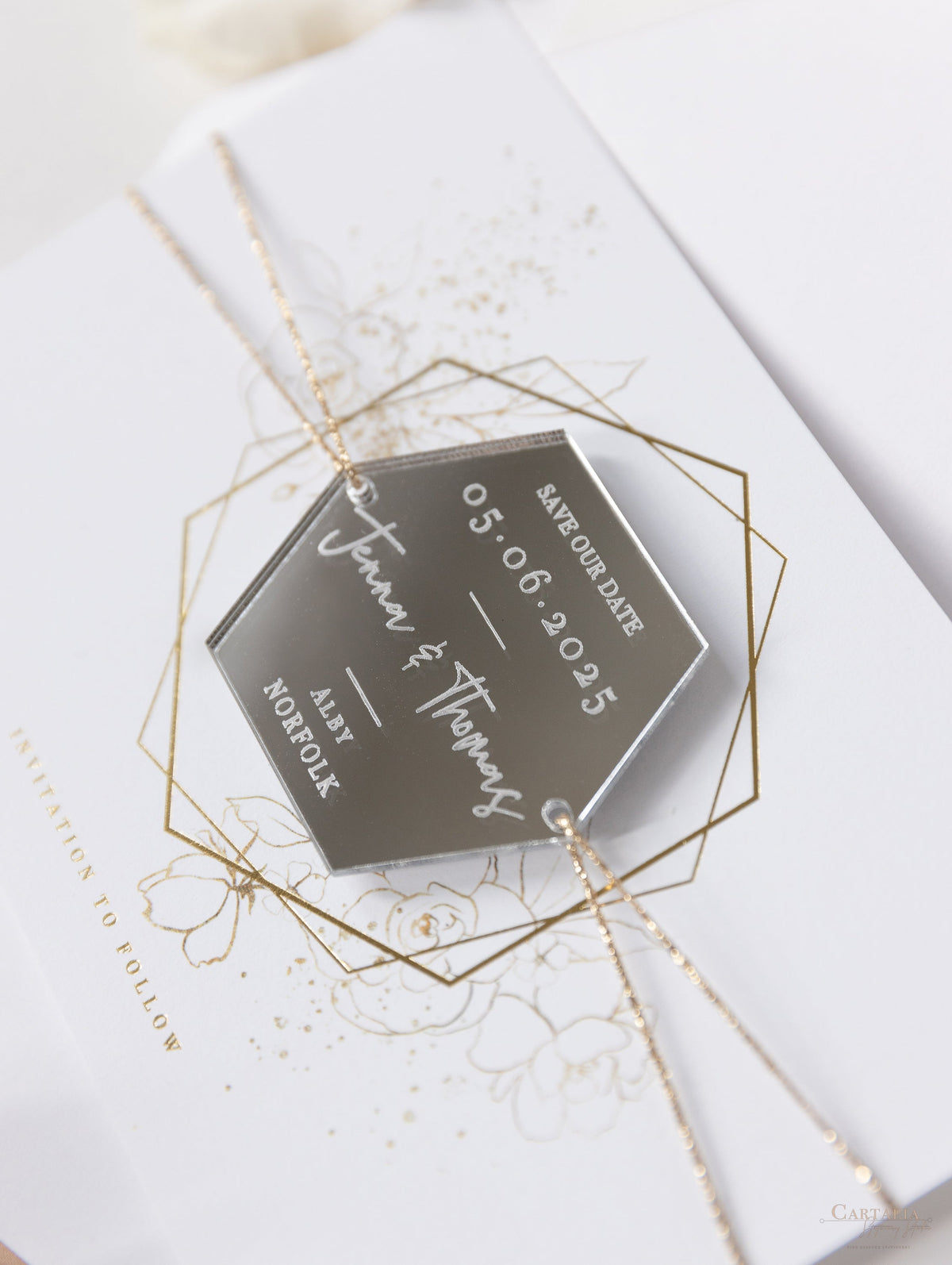 Hexagonal Mirror Magnet Personalised Engraving with Rose Gold Foil Save the Date Card
