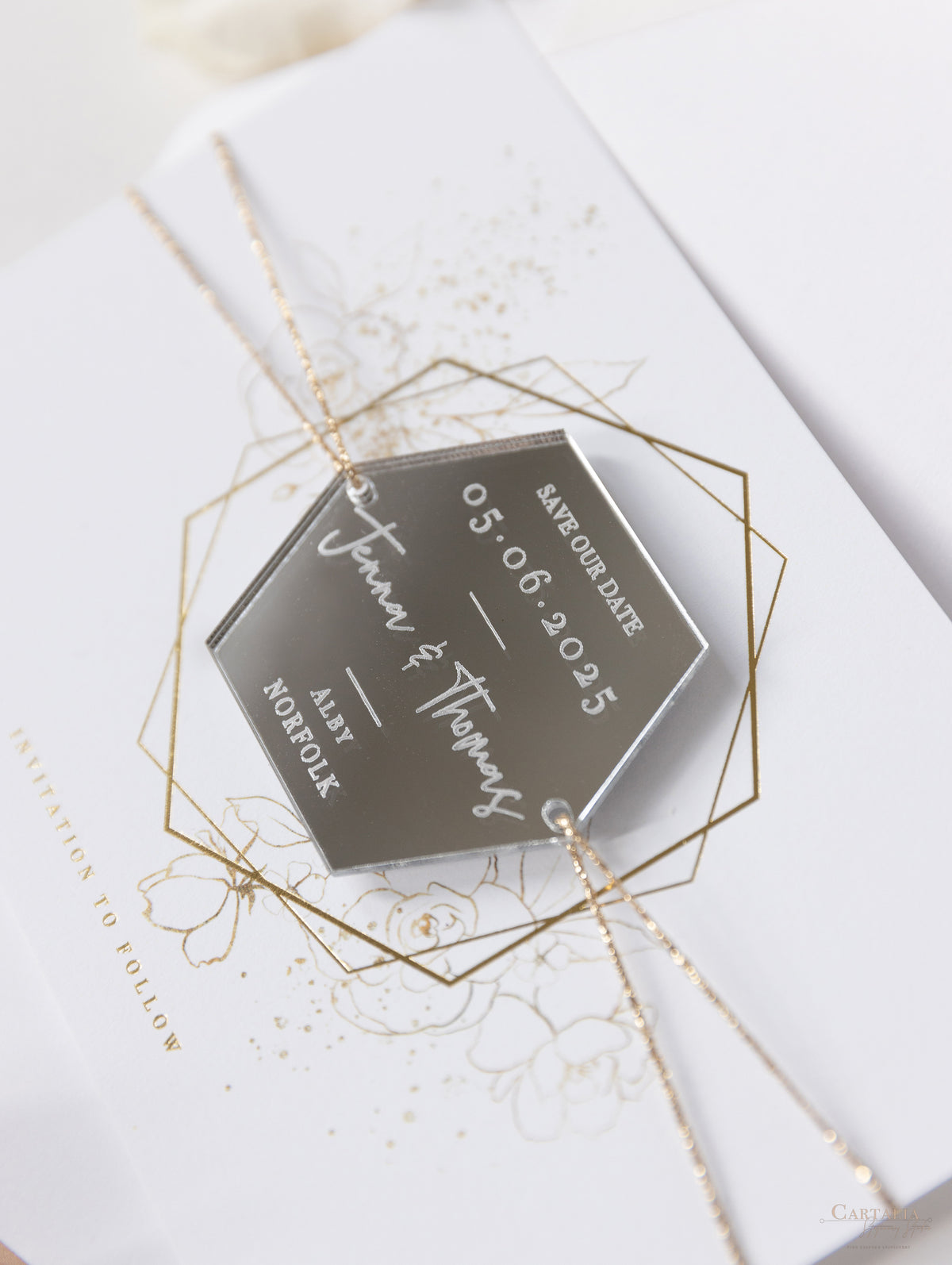 Silver Magnet Hexagon in Mirror Plexi Save the Date with Card and Silver String