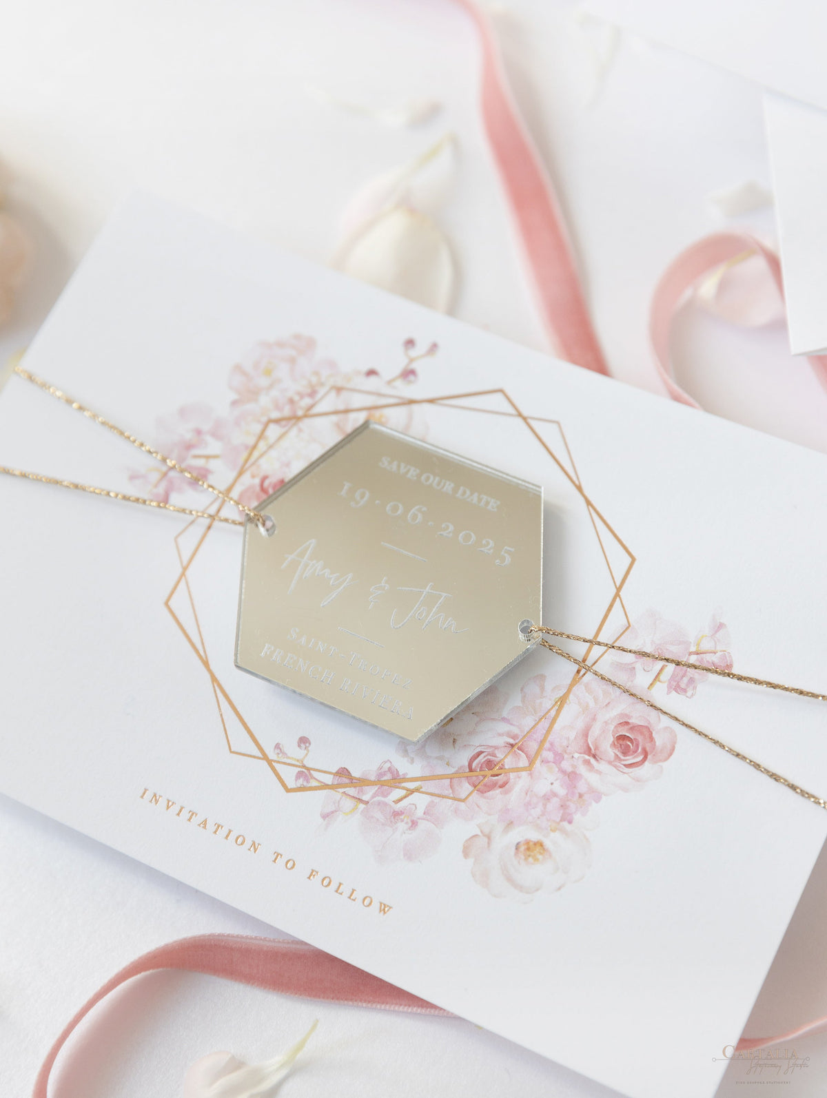 Hexagonal Mirror Magnet Personalised Engraving with Rose Gold Foil Save the Date Card