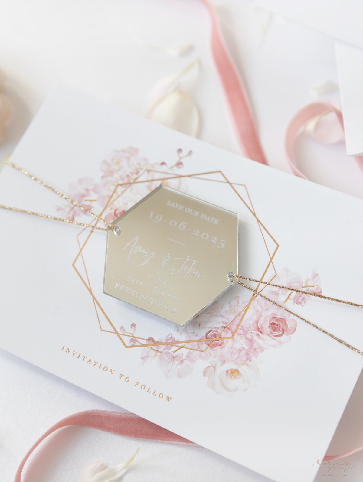 Espejo Plexi hexagonal moderno ahorra los imanes de fecha | Invitación de boda | Oro plata