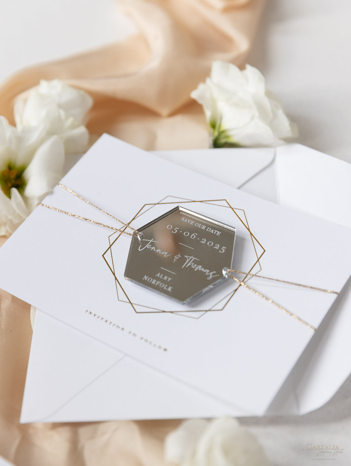 Silver Magnet Hexagon in Mirror Plexi Save the Date with Card and Silver String