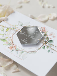 Aimant miroir en forme de coeur argenté gravé Sauver la carte de date avec du vrai papier d'aluminium