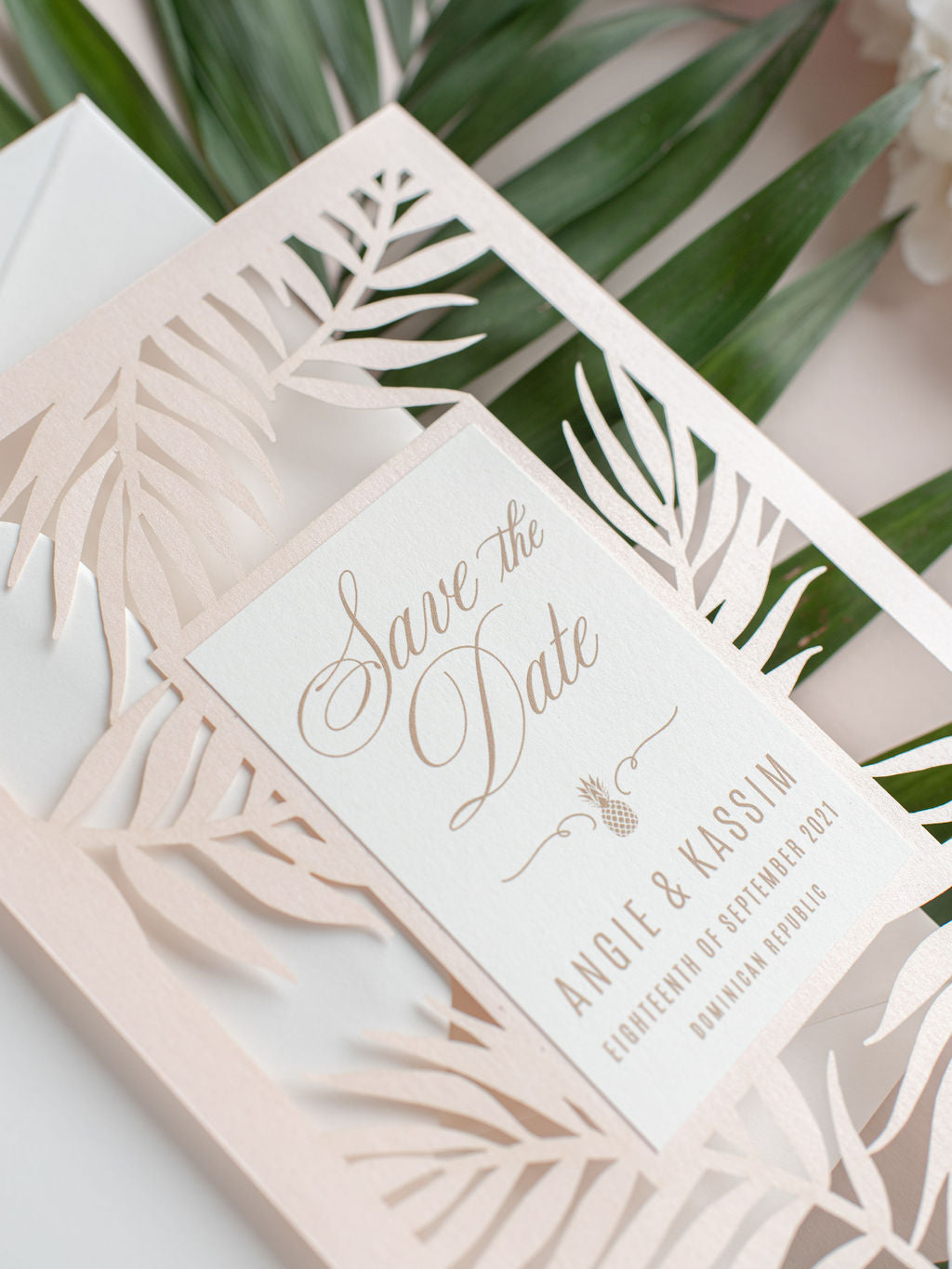 Palm Tree SAVE the Date,  Laser Cut Tropical Destination Invitation