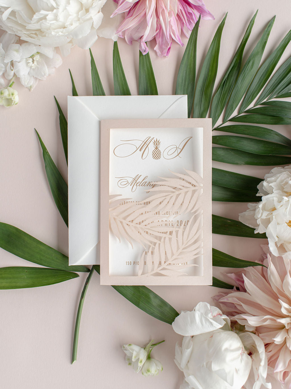 Evening Palm Leaves Laser Cut Tropical Destination Invitation Collection