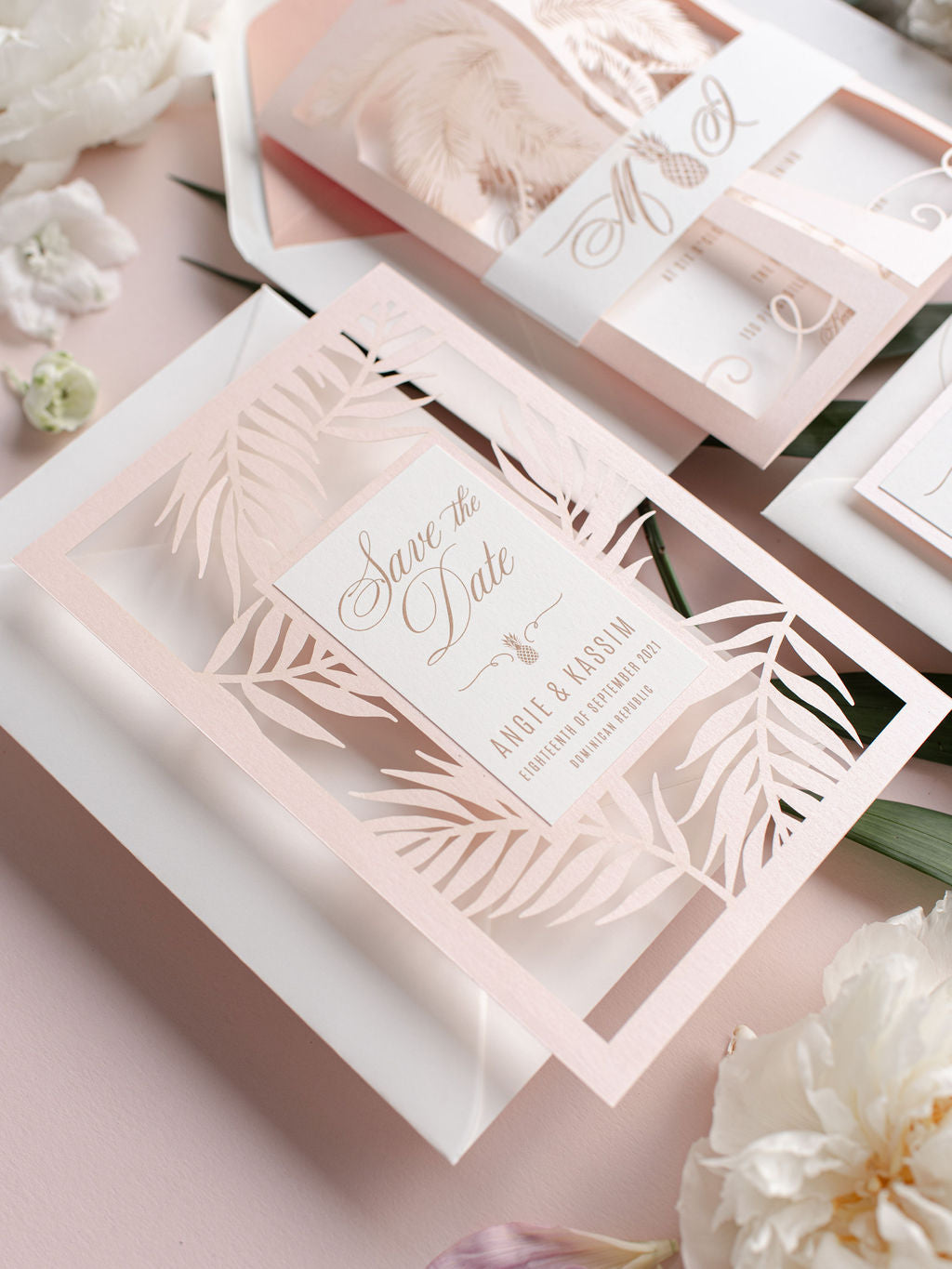 Palm Tree SAVE the Date,  Laser Cut Tropical Destination Invitation