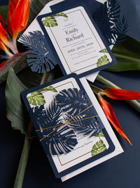 Monstera Paradise Destination Wedding Laser Cut Invitation with Gold Foil frame + Lined Envelope